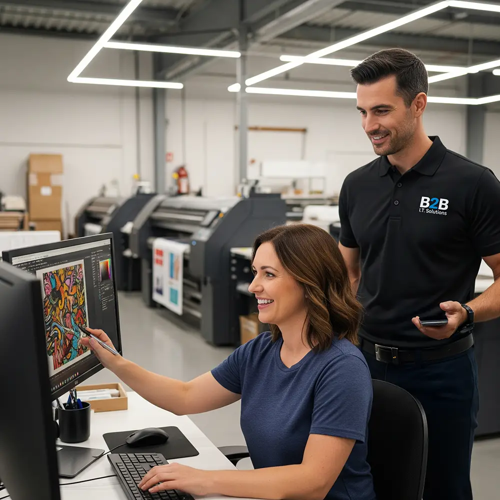 A smiling B2B IT Solutions professional provides on-site support to a client working on a graphic design program in a print shop.