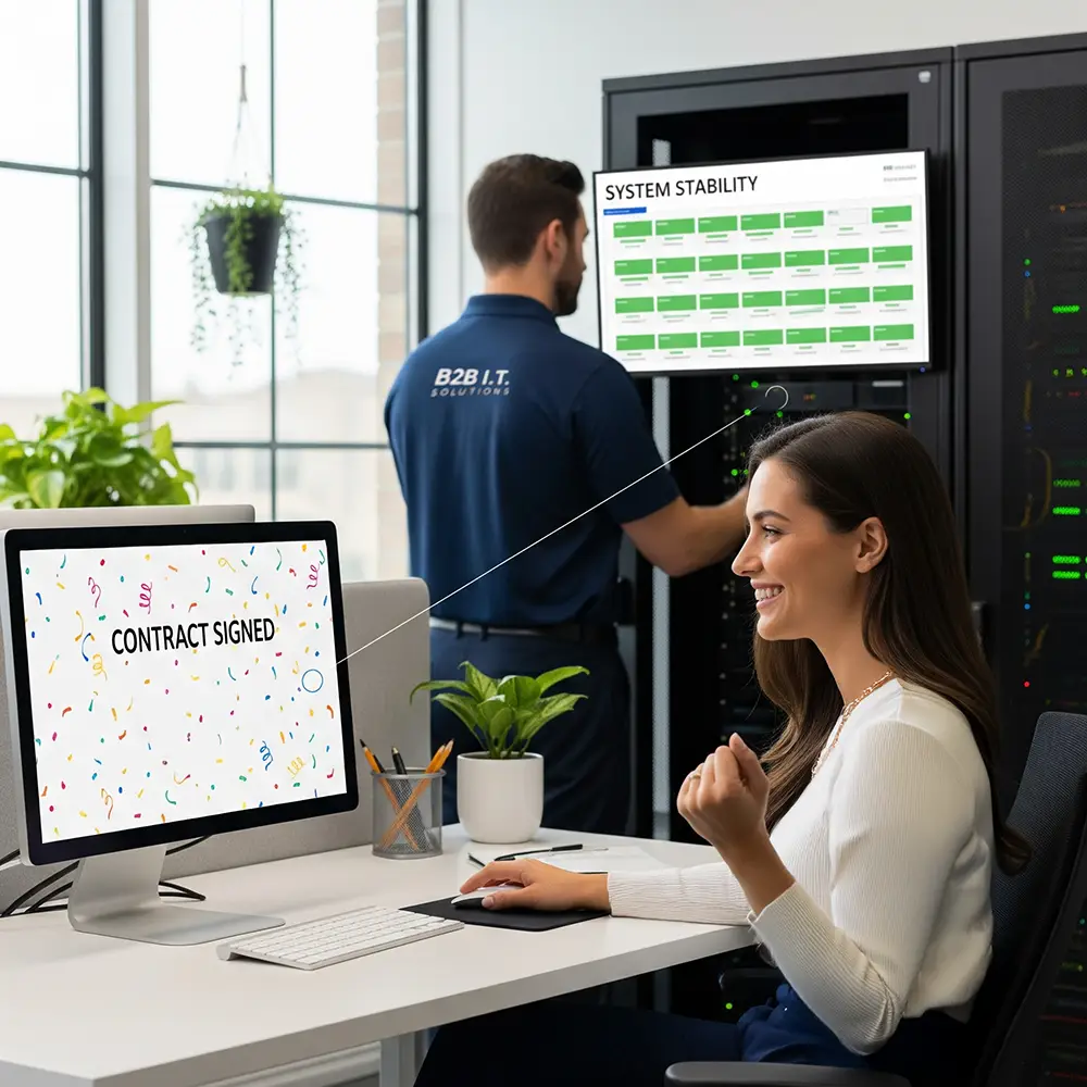 A business professional smiles at a computer with a contract signed message, while a B2B IT Solutions technician ensures server stability.