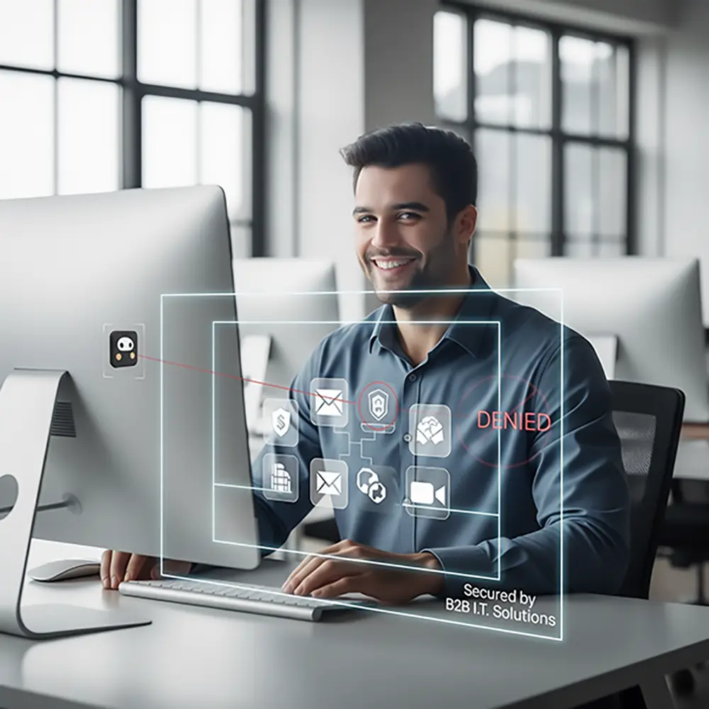 Display cybersecurity protection for a real estate office, as an employee is protected by the B2B IT Solutions cybersecurity system.