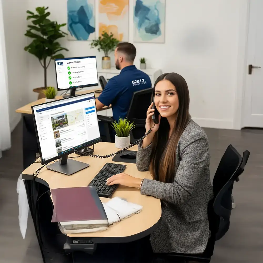 A smiling real estate agent talks on the phone while a B2B IT Solutions technician runs a system health check on a computer in the background.