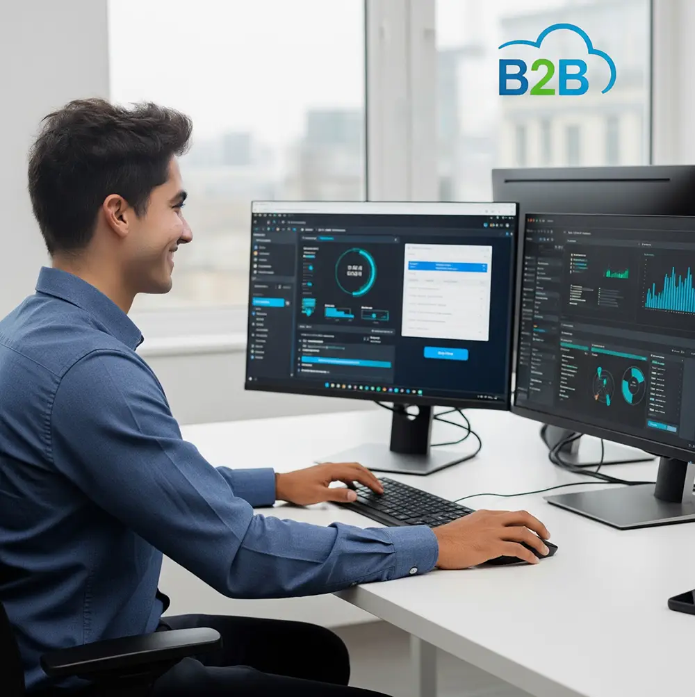 A smiling B2B IT Solutions techncian works on two computer monitors displaying data and analytics.