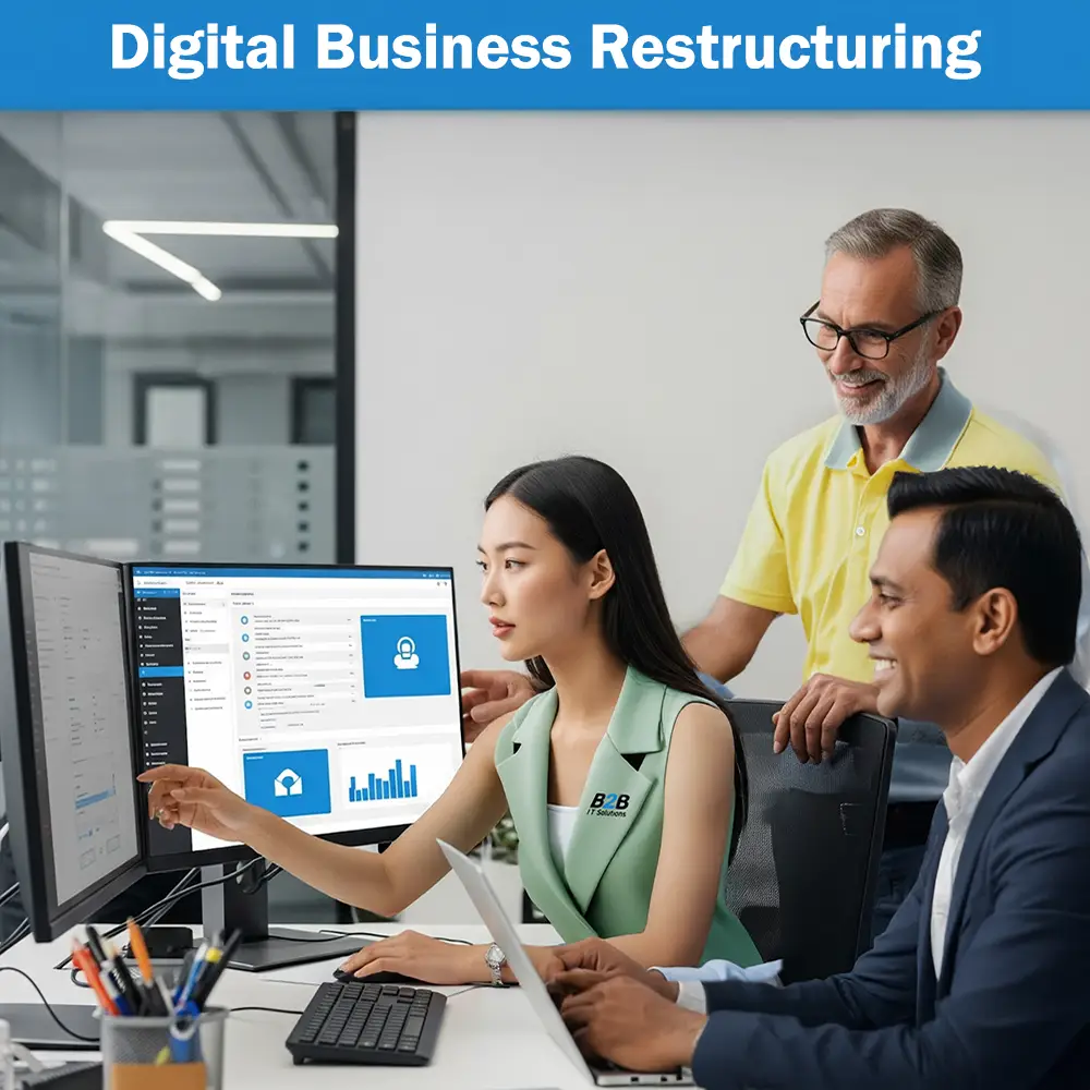 A team collaborates on a computer dashboard for digital business restructuring.