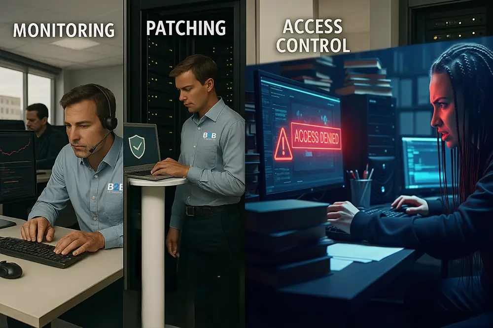 A multi-step cybersecurity process including system monitoring, software patching, and access control all preventing a hacker from gaining access to the computer systems.