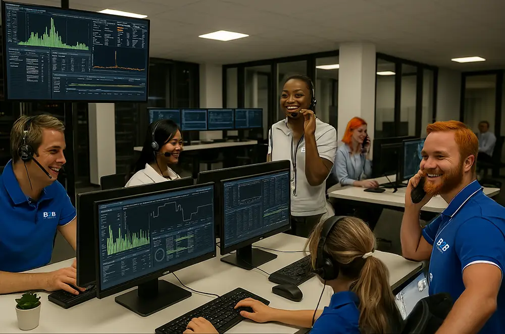 A team of B2B IT professionals work in a busy support center with real-time monitoring screens.