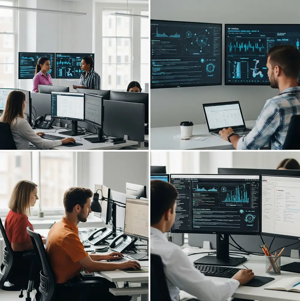 Technicians monitoring computer hardware while employees work on company computer systems.