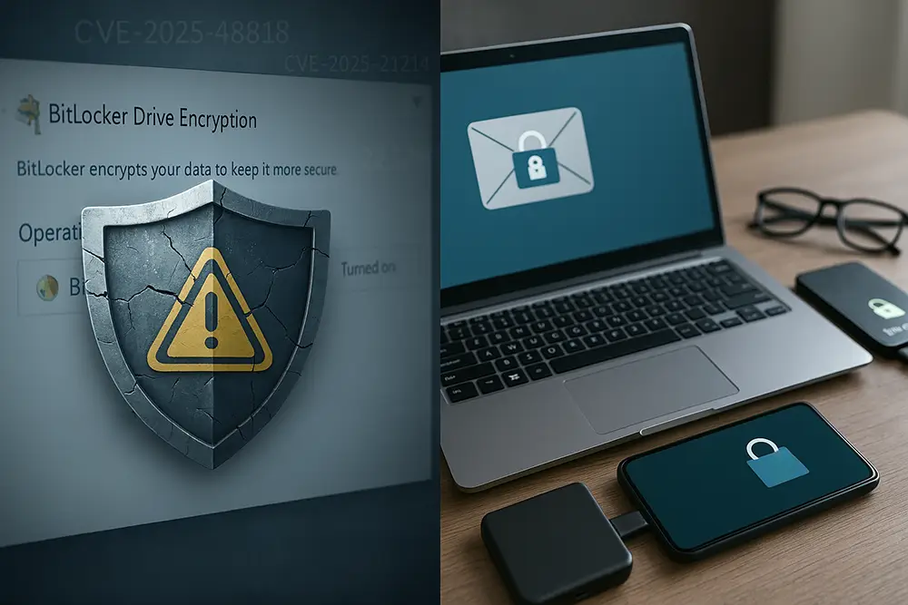 A split image depicts a computer with an alert shield and a separate scene showing a laptop and smartphone using encryption.