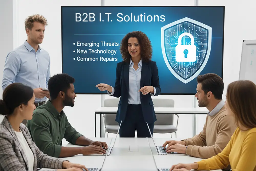 A trainer presents B2B IT Solutions services to a team in a conference room.