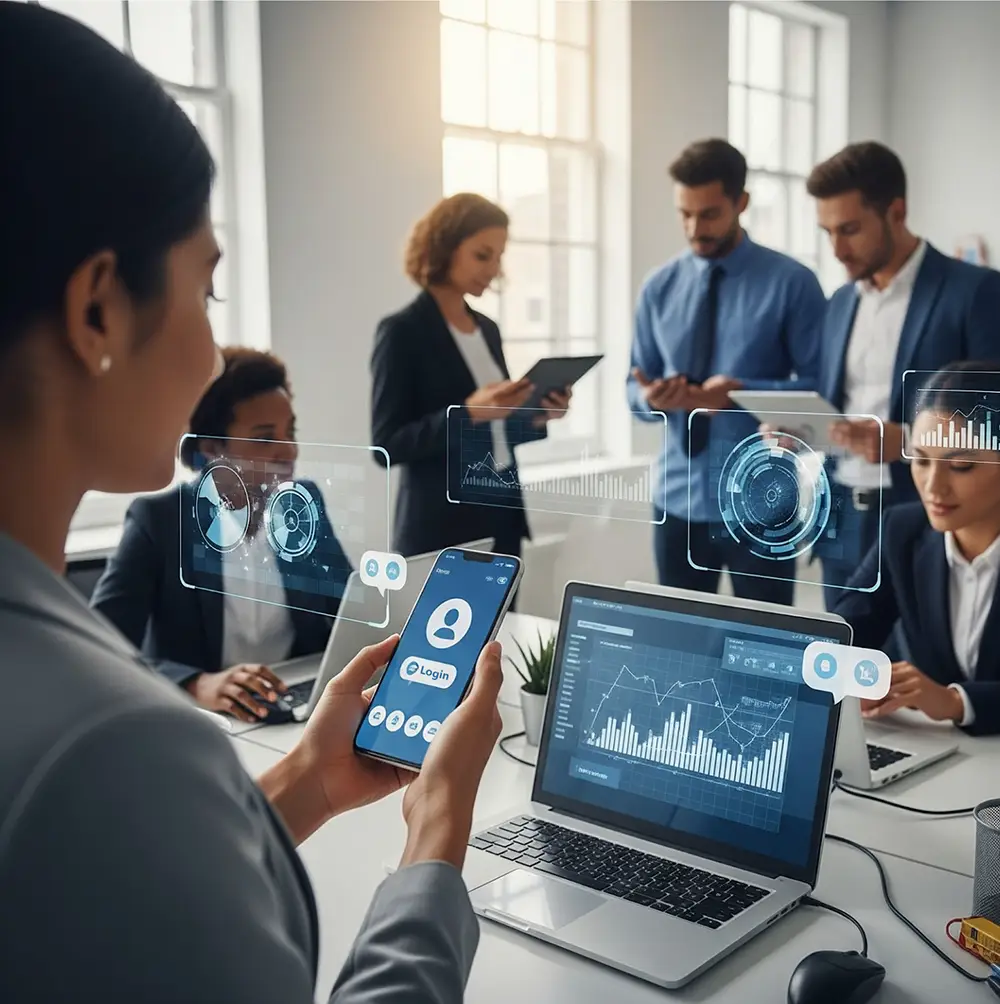 A professional woman uses a smartphone to login to a system as a team reviews data in the background.