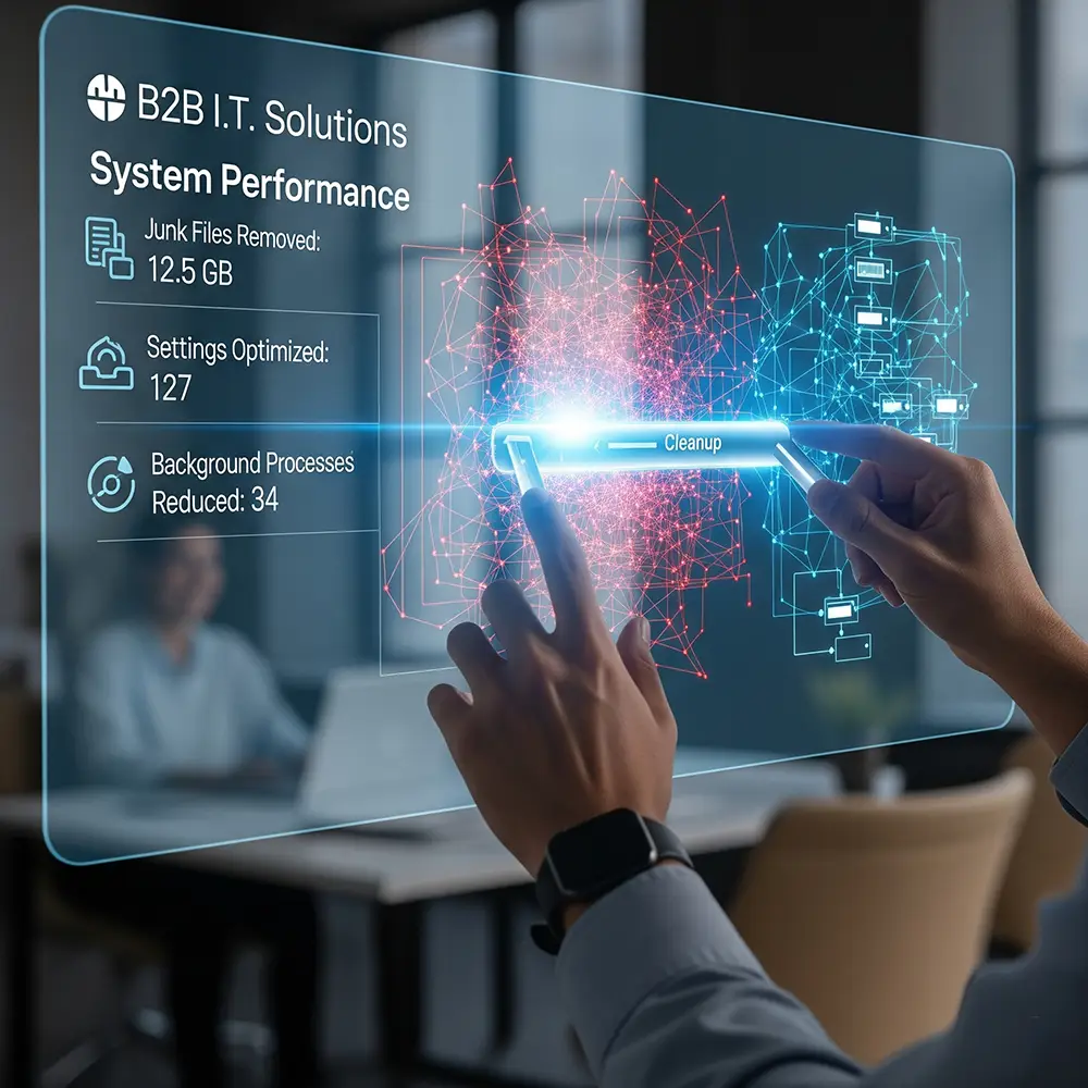 A B2B I.T. Solutions technician uses a holographic interface to clean up and optimize computer systems.