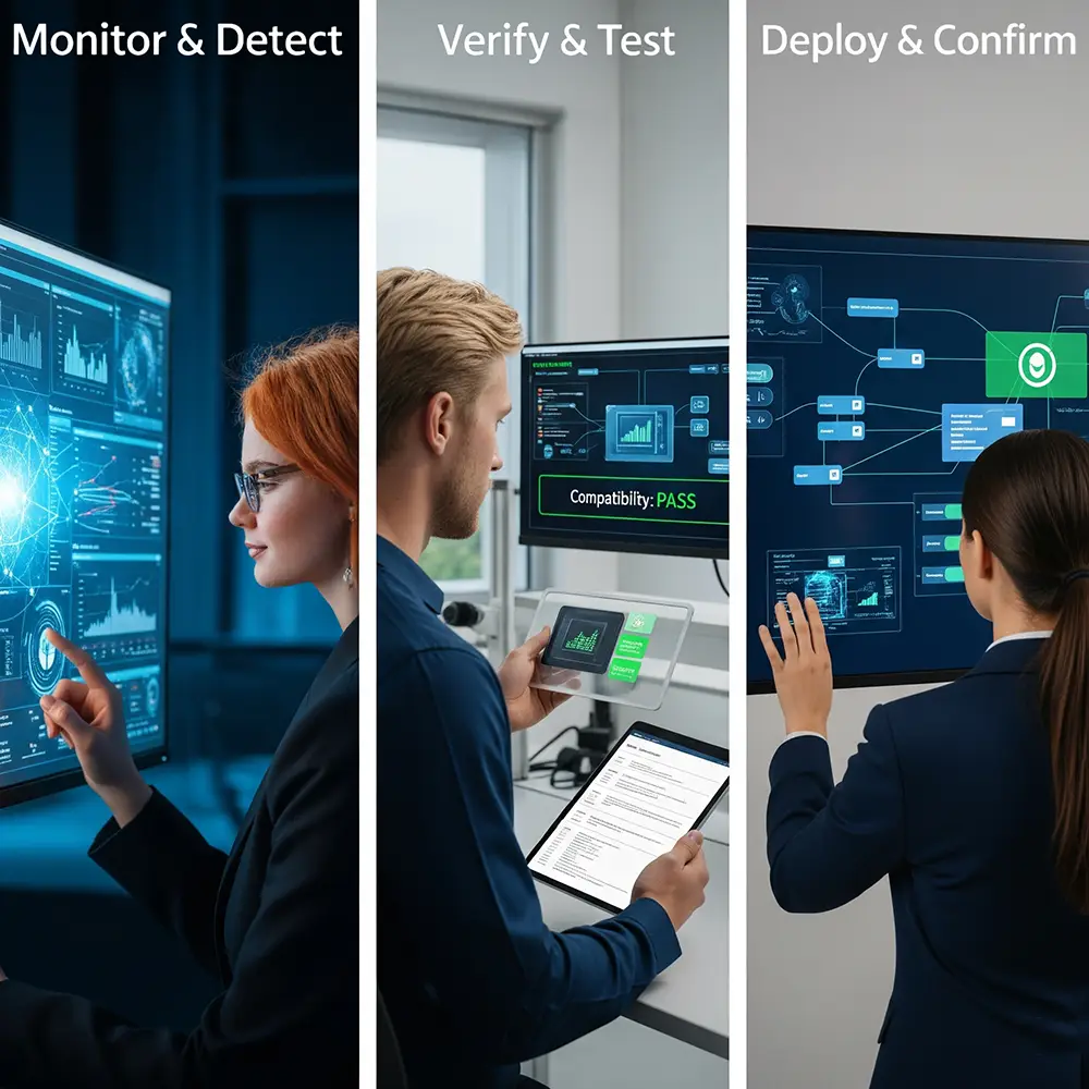 Showing the steps for a portion of cybersecurity: monitor, verify, and deploy.