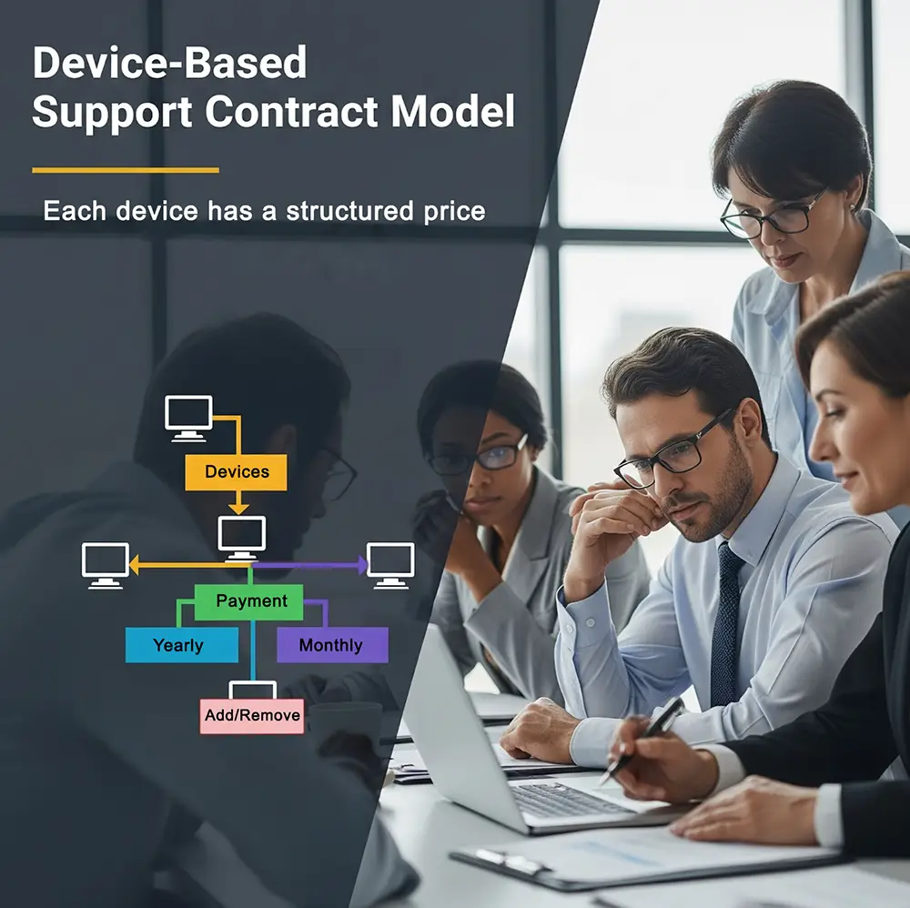 A business team reviewing a device-based IT support contract.