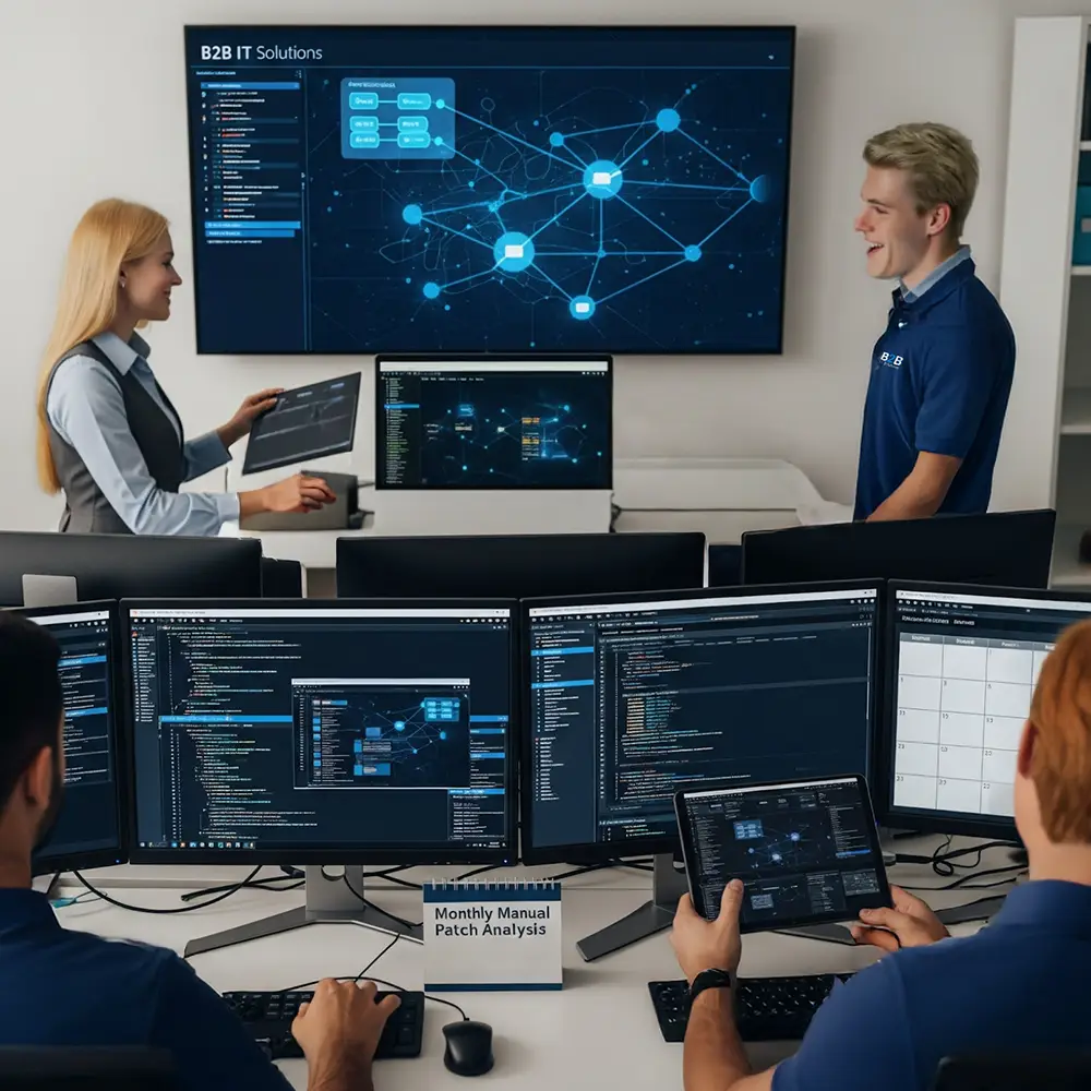B2B IT Solutions team members perform critical patch analysis on business computer systems.