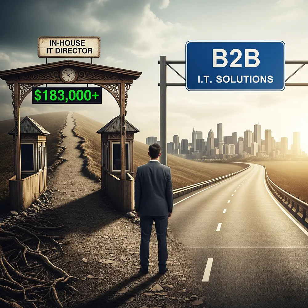A business ower at a crossroads, with a choice between hiring a single costly in-house IT director or hiring a cost efficient B2B IT Solutions.