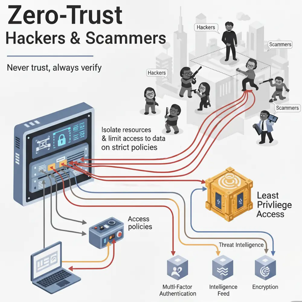 A detailed diagram illustrates a zero-trust network with components like multi-factor authentication, least privilege access, and encryption to protect resources from threats.