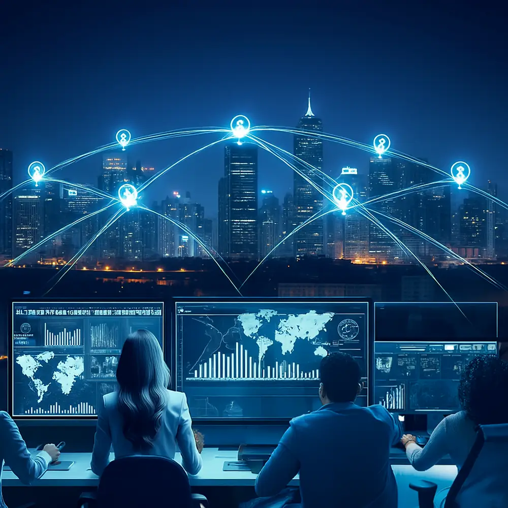 Showing B2B IT Solutions with a global reach, managing its clients computers from a central control hub.