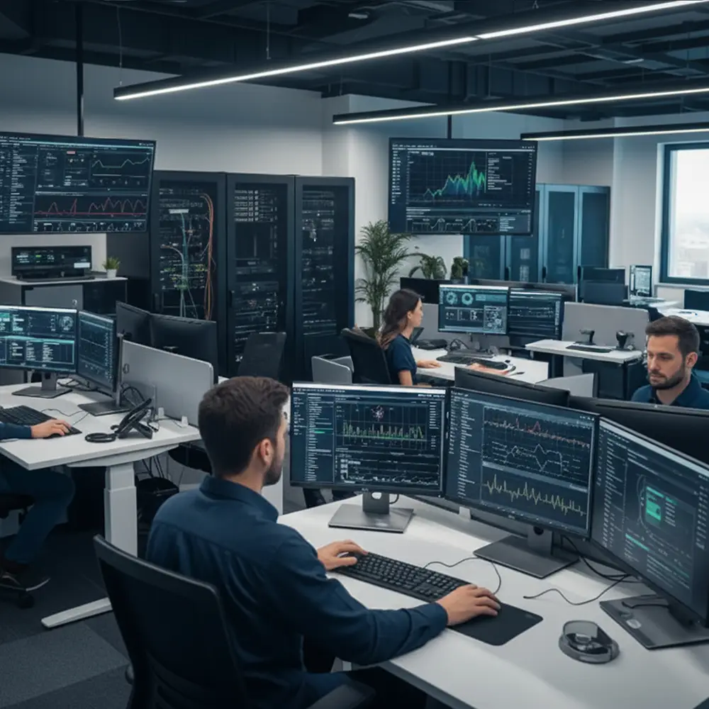 A B2B IT Solutions support team using nationwide support tools to manage and monitor computers from a central hub.