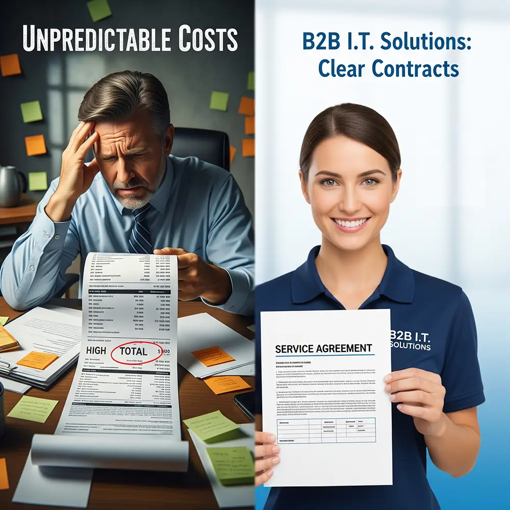A split image shows a man frustrated by unpredictable IT costs on the left and a B2B IT Solutions technician holds up a clear service agreement on the right.