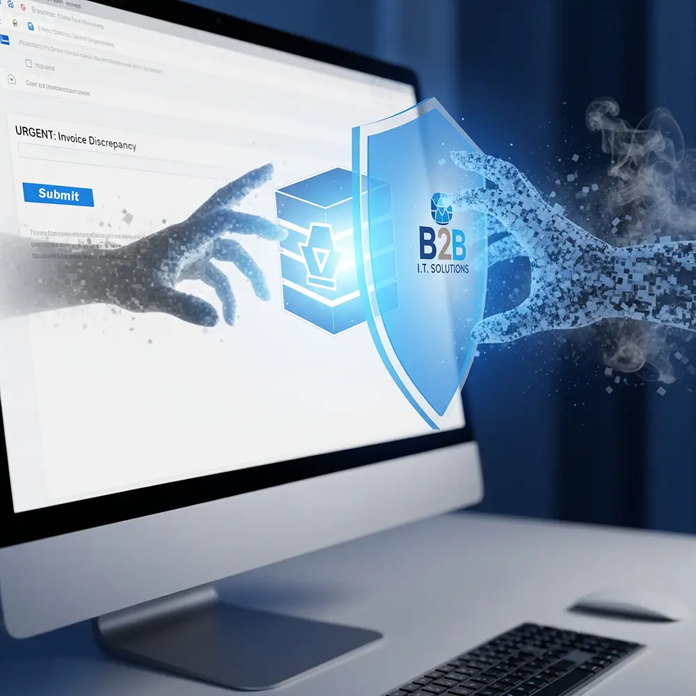 Shows cybersecurity protection provided by B2B IT Solutions, preventing an urgent invoice discrepancy attack.