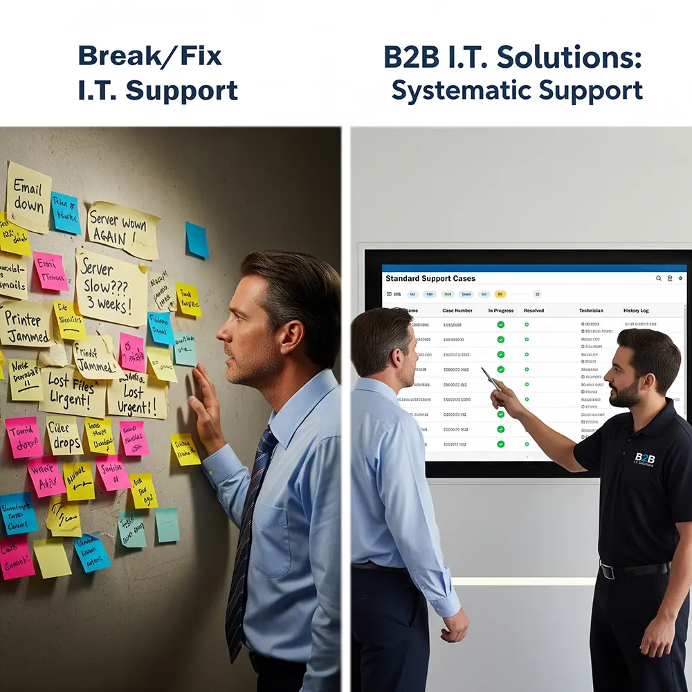 A split image shows hiring B2B I.T. Solutions resolves the disorganized and stressful break-fix IT support models.