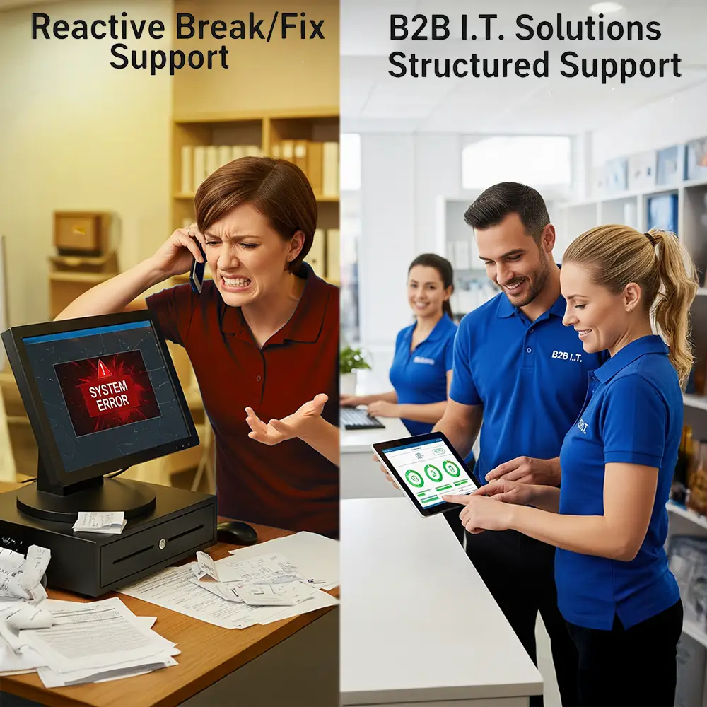 A demonstration of the frustrating break-fix IT model and the B2B IT Solutions structured support model.