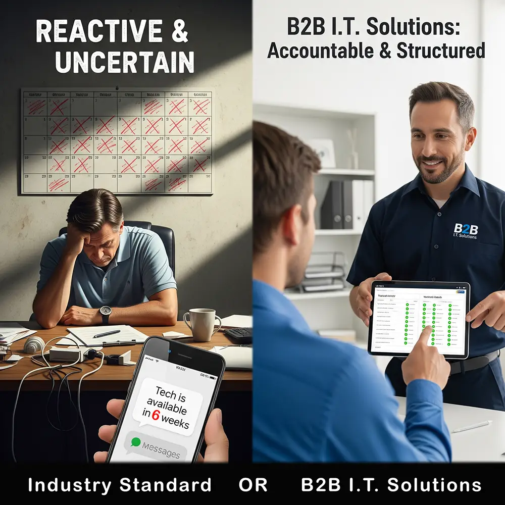A man stressed by delayed tech support on the left, while a B2B IT Solutions technician on the right shows the benefits of hiring a structured, accountable support company like B2B IT Solutions.