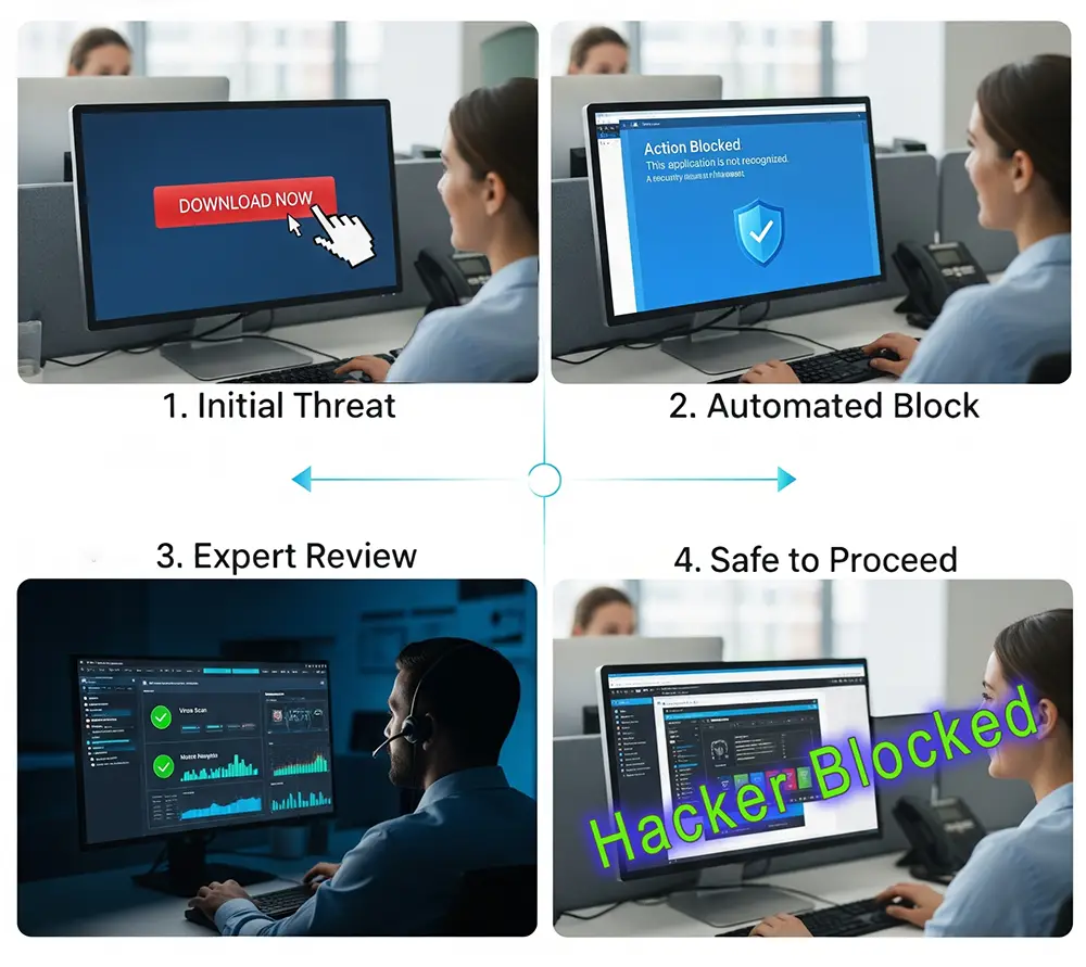 A step-by-step graphic depicts a user receiving a threat, an automated system blocking it, an expert reviewing the data, and a message that the hacker was blocked.