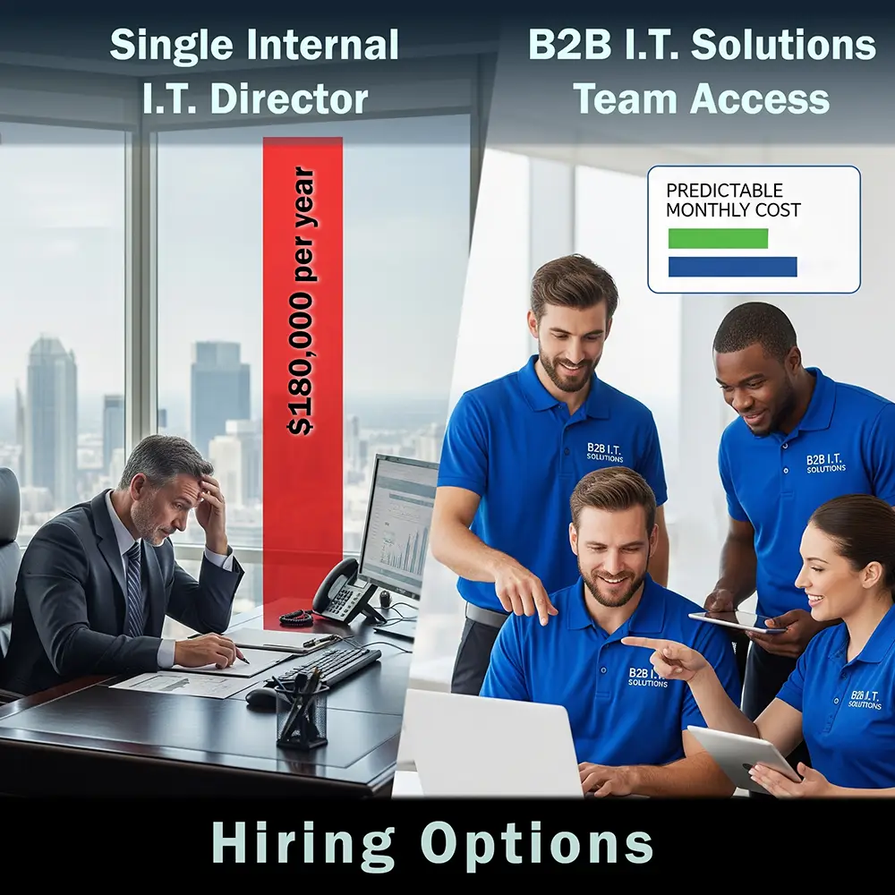 Compares the high cost of hiring a single internal IT director to hiring the B2B IT Solutions team.