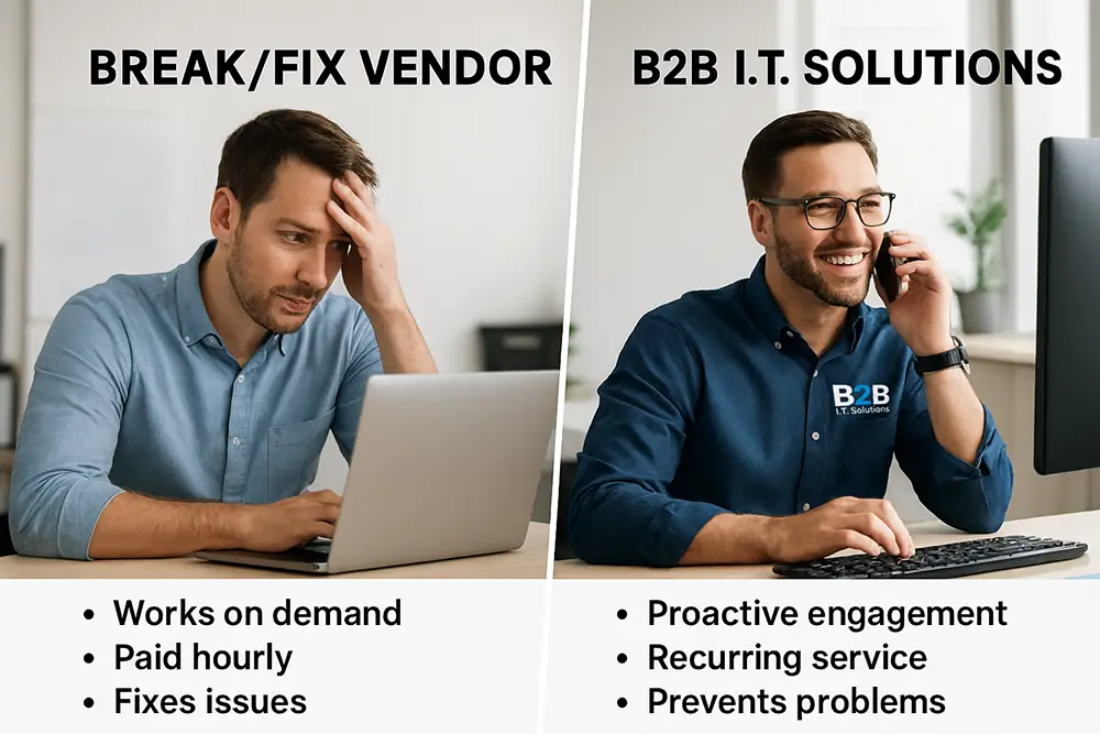 A comparison of the inefficiency of a single reactive break-fix IT vendor versus the proactive engagement and problem preventing model of a B2B IT Solutions.