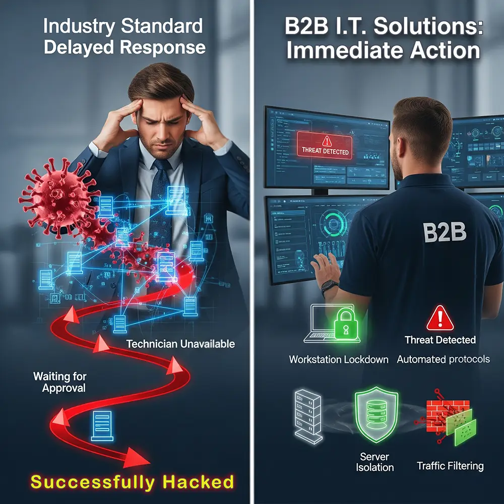 Cybersecurity immediate action is highlighted in a graphic showing a B2B IT professional preventing an attack that would have occurred with a delayed response.