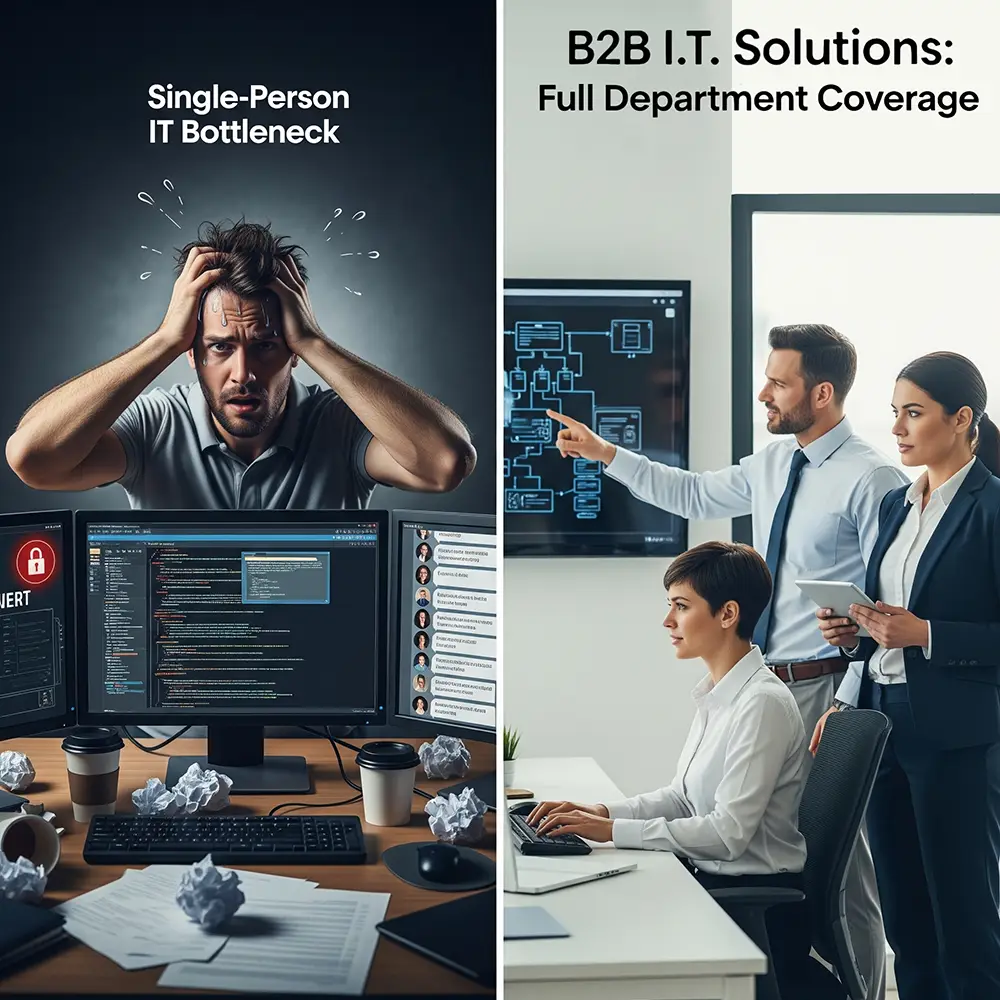 A stressed IT technician with a messy desk on the left, symbolizing a single IT bottleneck. On the right, a professional B2B IT Solutions team represents full department coverage.
