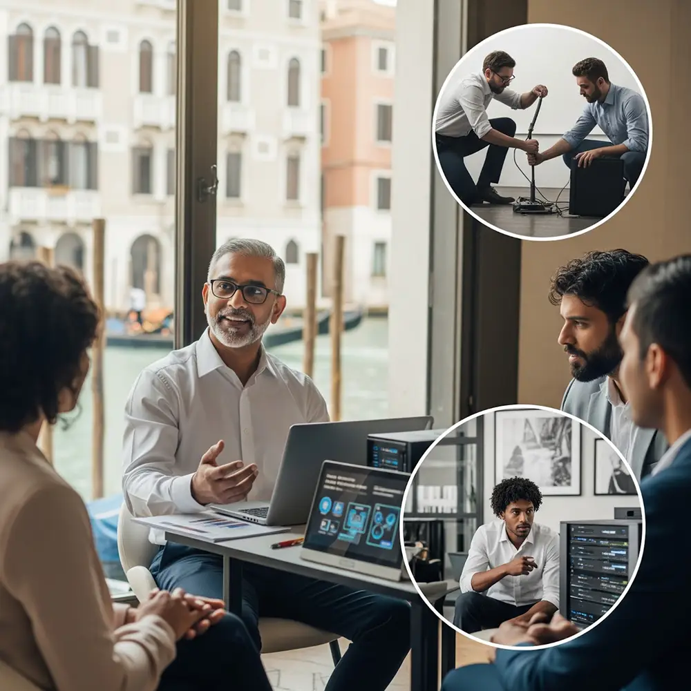 Features a business meeting while circular insets show B2B IT Solutions technicians working on a computer and organizing equipment.
