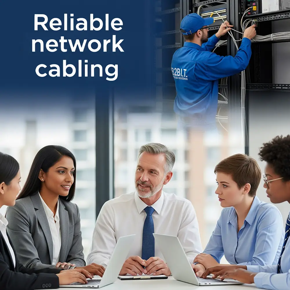 A business team holds a meeting in an office setting, and a technician works on network cabling in a server room.