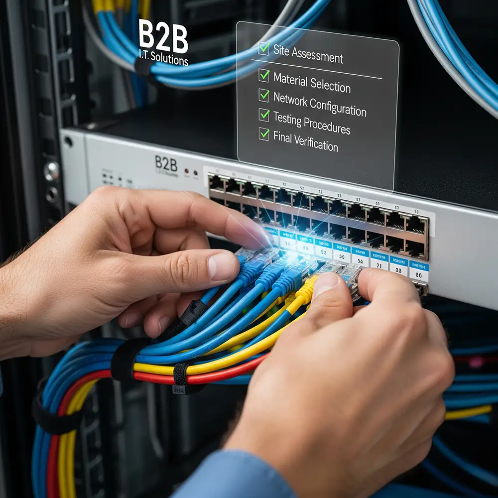 A B2B IT Solutions technician installs network cables in a network switch.