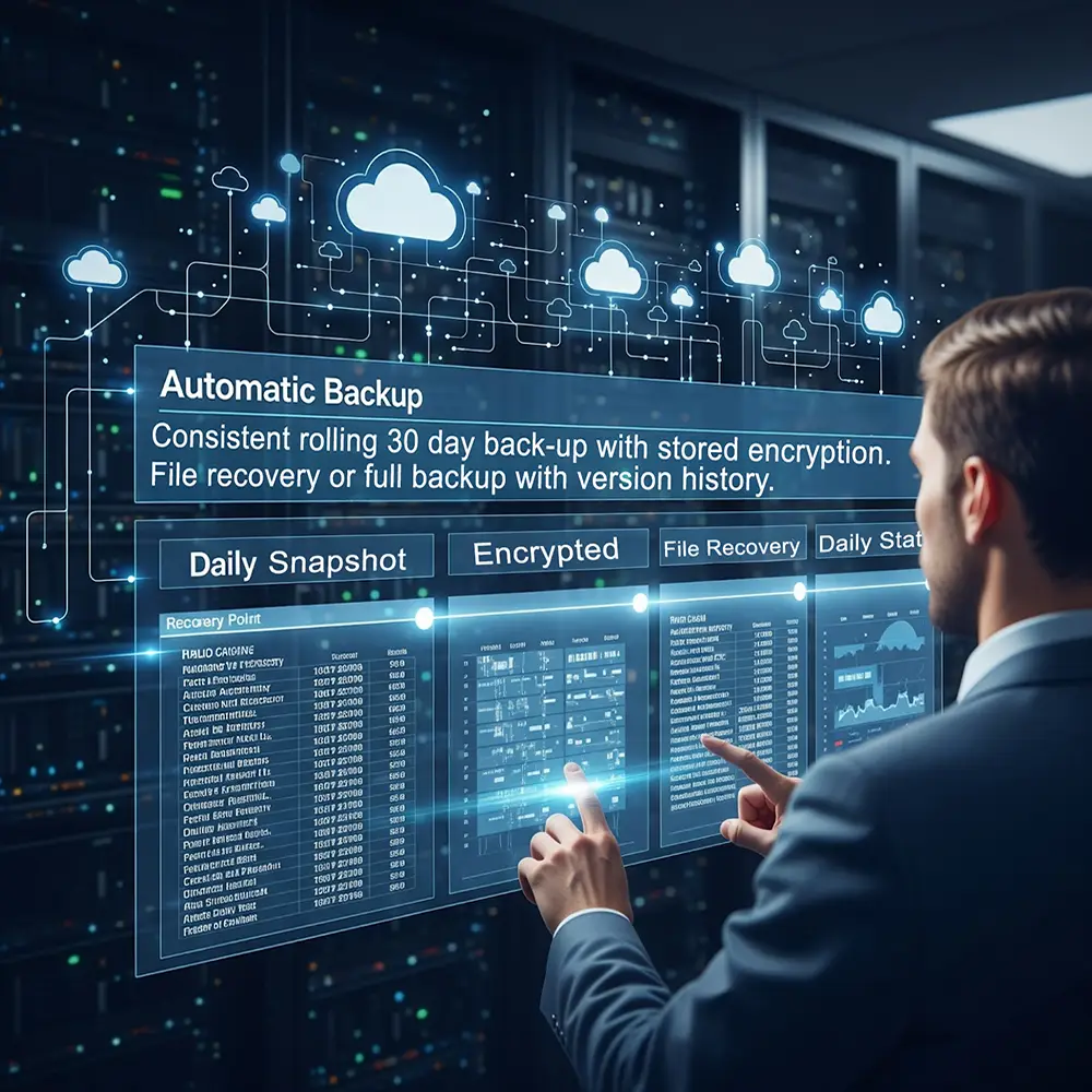 A business professional in a server room points to a holographic screen showing Automatic Backup with options for daily snapshots and encrypted file recovery.