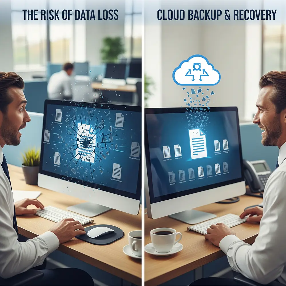 A split-screen graphic depicts a shocked man whose computer screen is shattering into pieces on the left, while a smiling man on the right watches his files restore from the cloud.