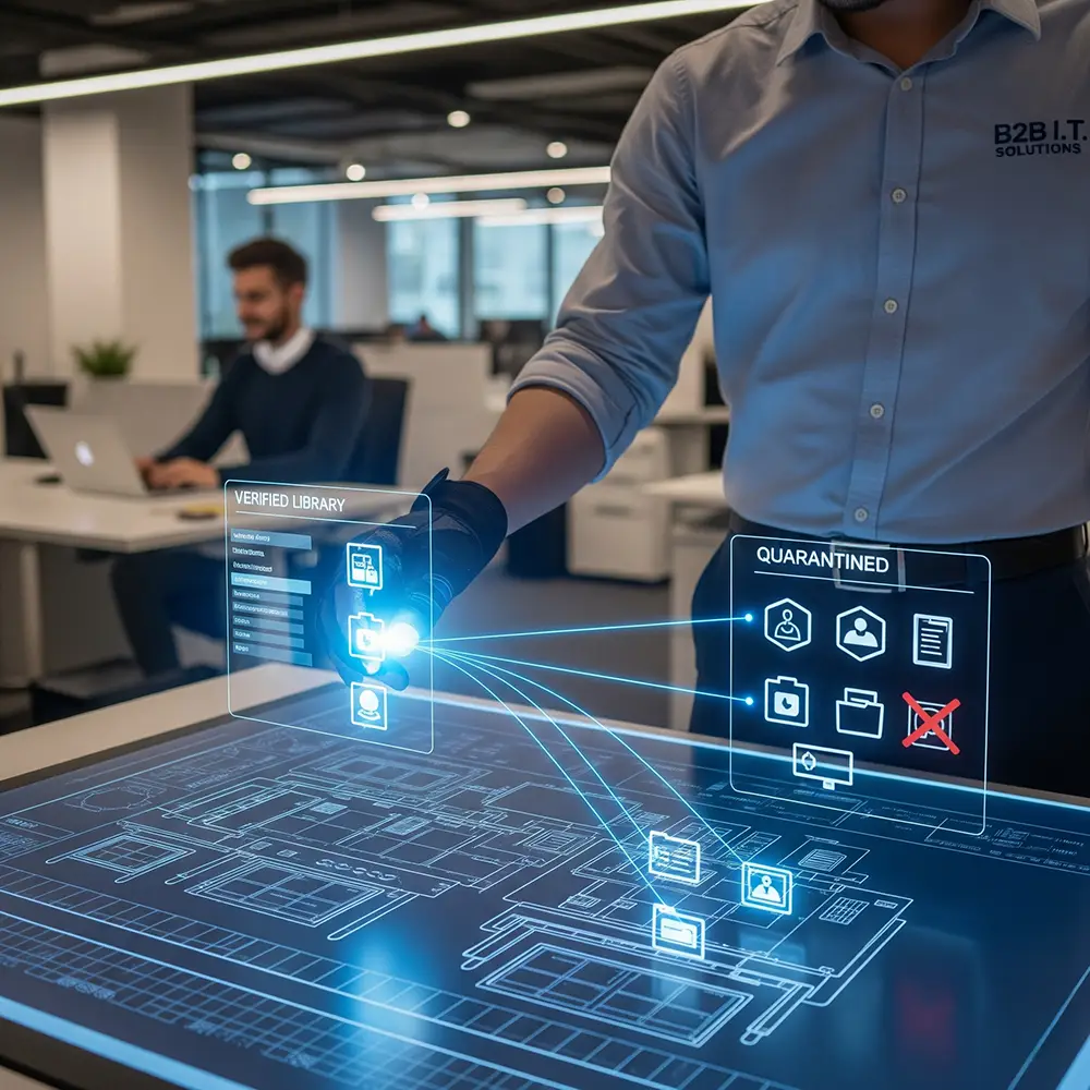 A B2B IT Solutions cybersecurity professional uses a holographic table to manage and quarantine cyber threats.