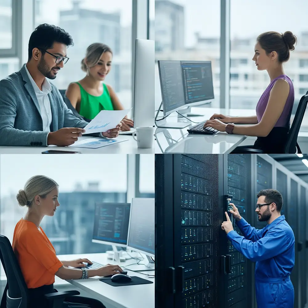 A collage shows a diverse team employees working in various offices while a B2B I.T. Solutions technician works in the server room.