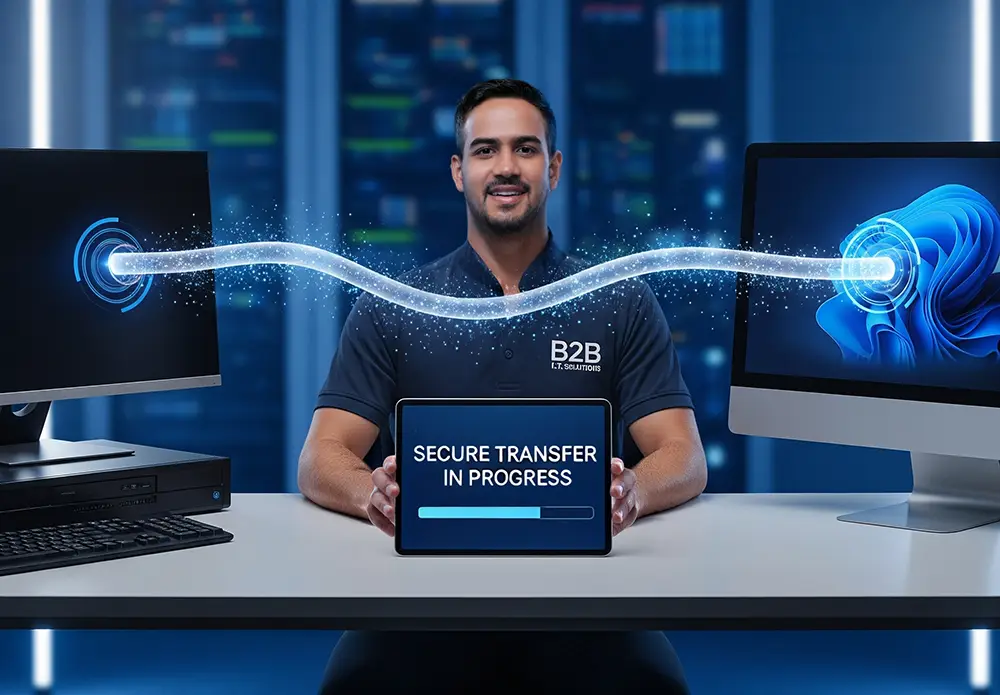 Highlighting secure data migration, a graphic shows a B2B IT professional managing a secure data transfer in a server room.