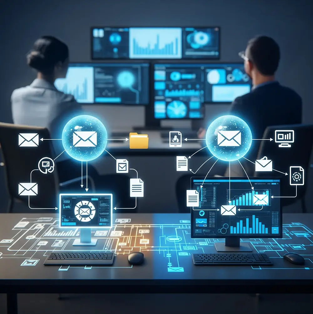 A graphic of IT experts securely managing and migrating company data between two computers.