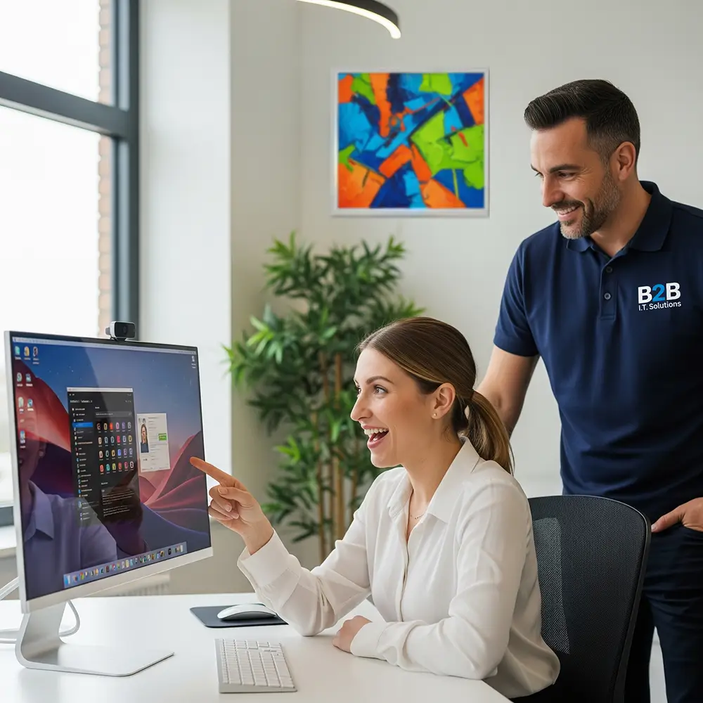 Showing on-site support with a B2B IT Solutions professional assisting a client after a successful data migration.