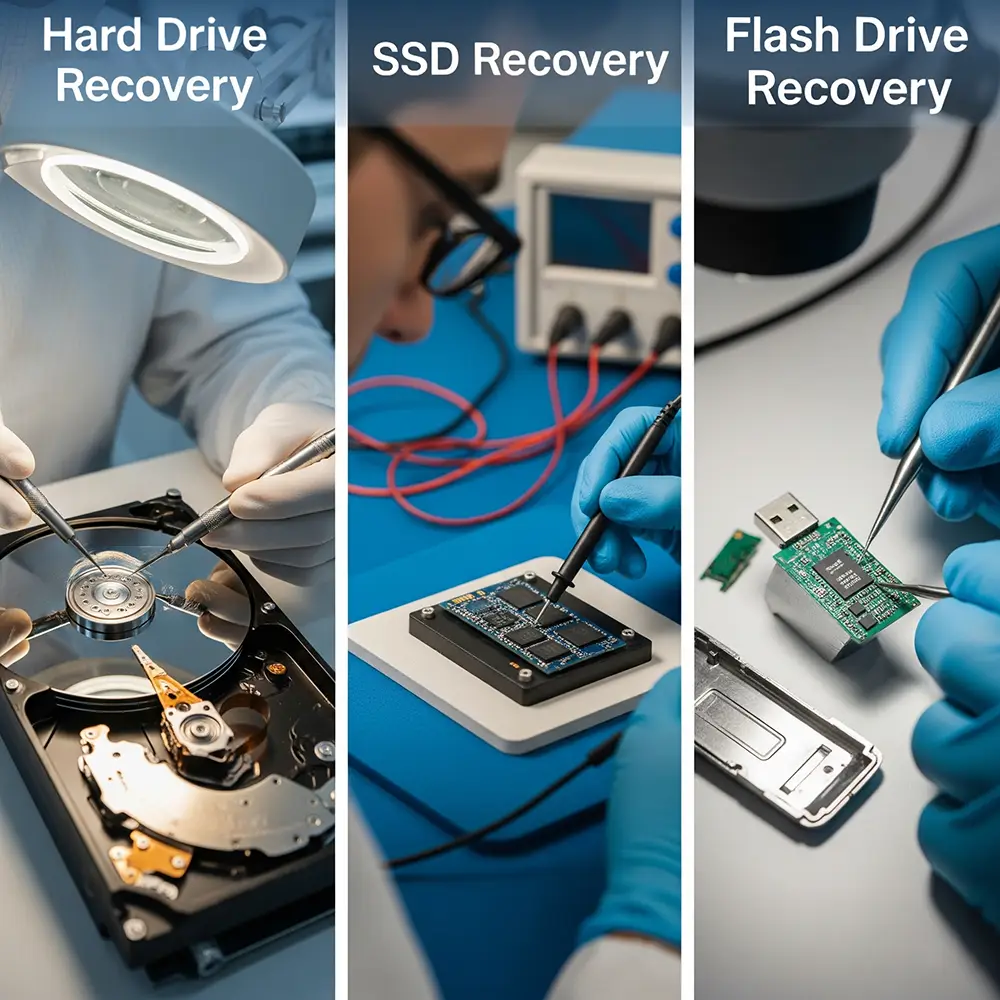 A three-panel graphic depicts a technician working on an open hard drive, a person repairing an SSD chip, and an expert using a tool to fix a flash drive.