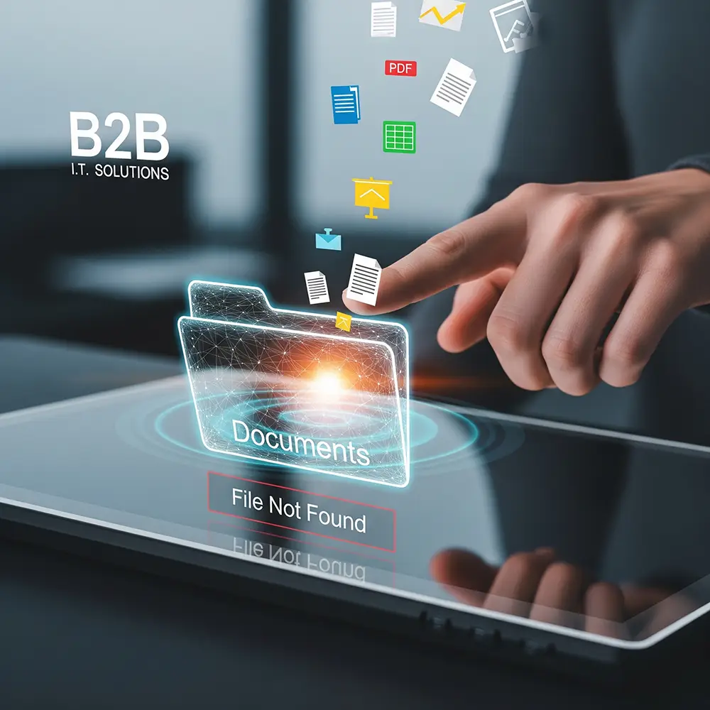 A hand recovers digital files from a glowing folder icon on a holographic display over a tablet.