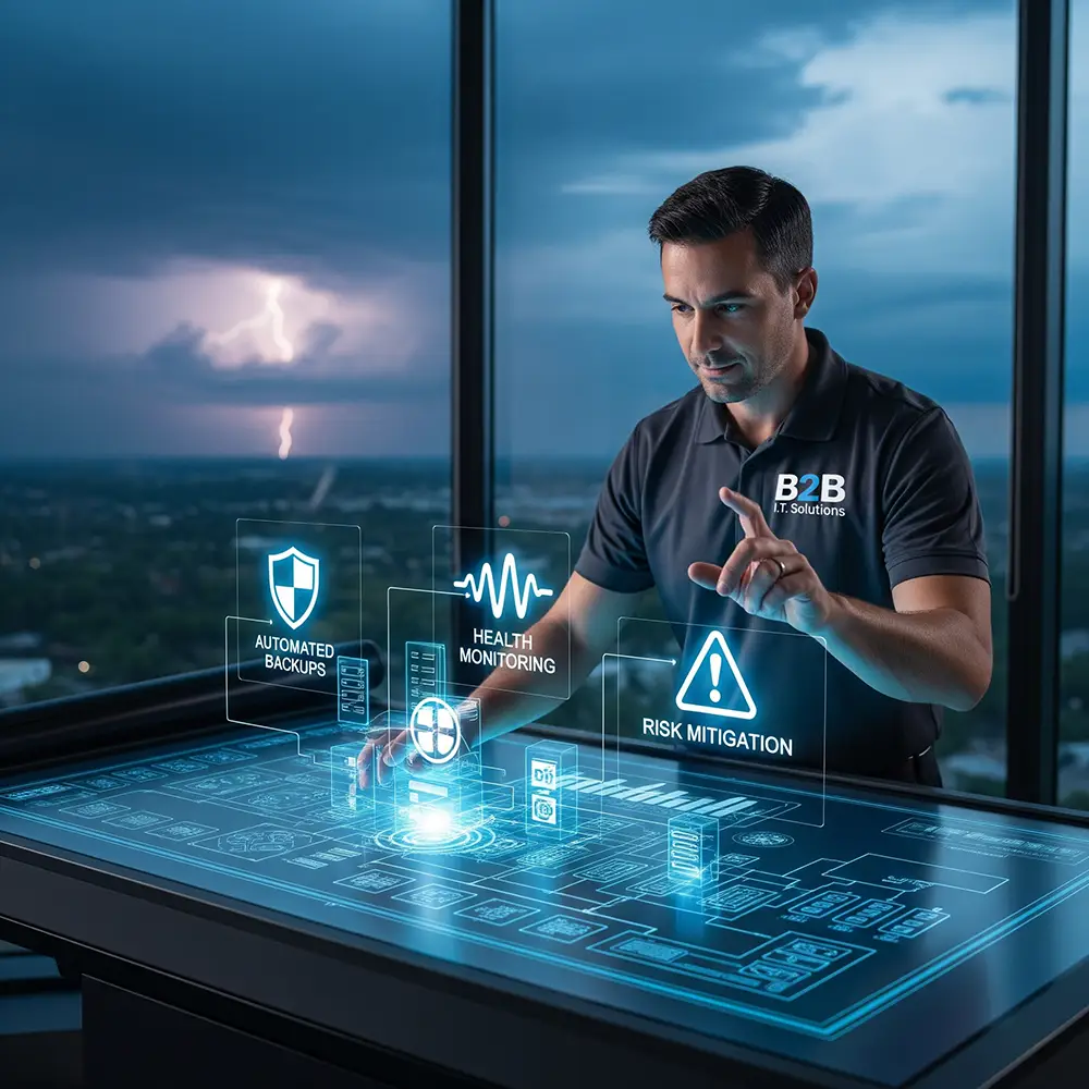 Disaster recovery planning. An IT expert performs automated backups and risk mitigation using a holographic control table.