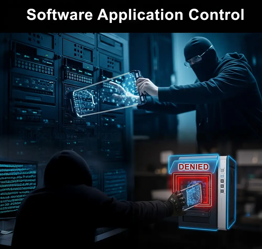 Masked hackers are denied access to a computer system by a software application control.
