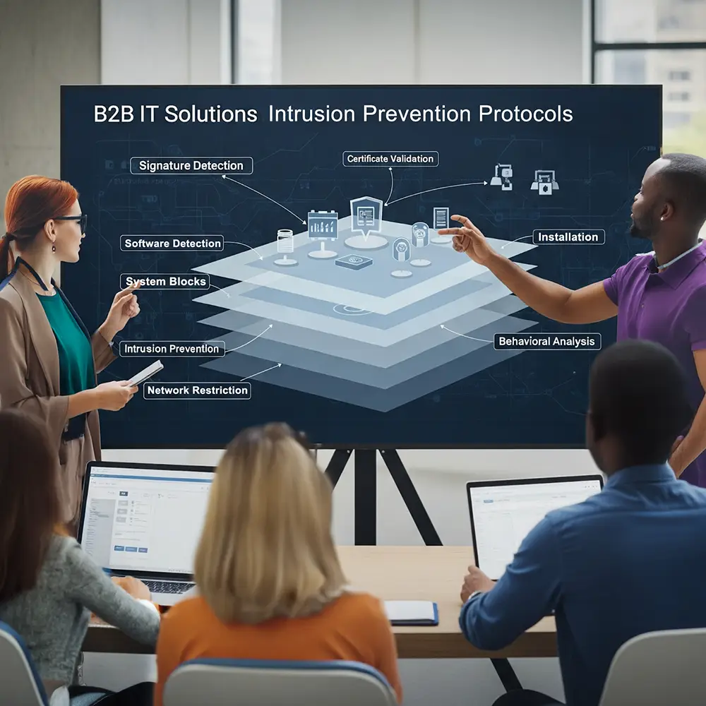 Two internal company trainers review the B2B IT Solutions layered security model for intrusion prevention with other employees.