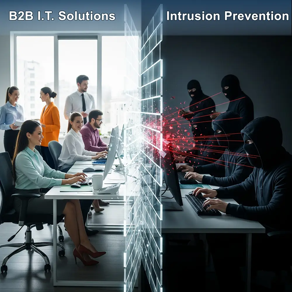 Showing a B2B IT Solutions intrusion prevention firewall protecting an office team from hackers.