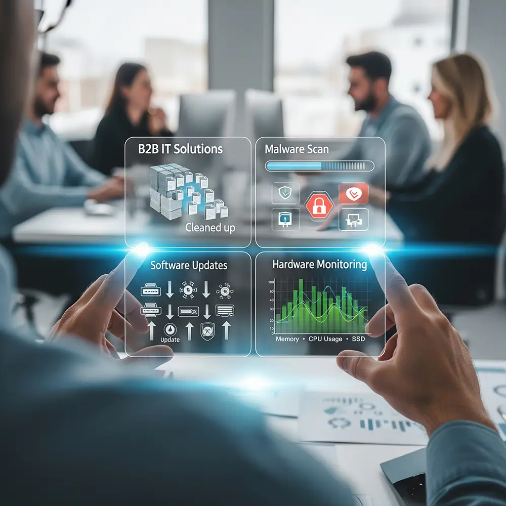 Illustrating proactive B2B IT Solutions managed IT support with a dashboard for malware scanning, software updates, and hardware monitoring