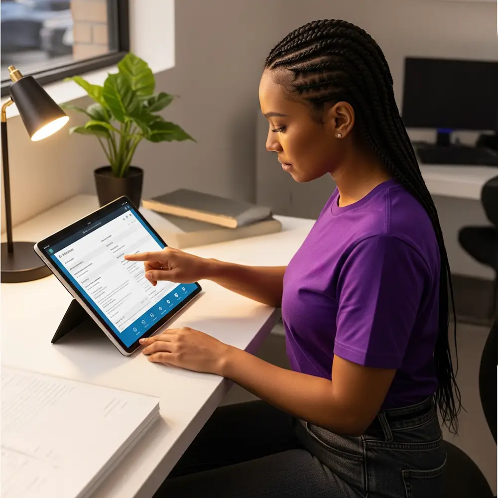 Technician training. A female student a checklist for a managed IT services course on a tablet.