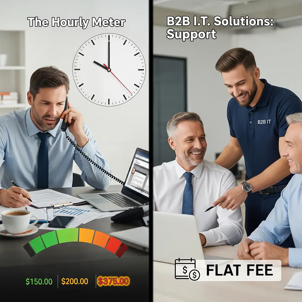 Demonstrating the financial benefits of a B2B IT Solutions managed IT service flat-fee model over a costly hourly rate.