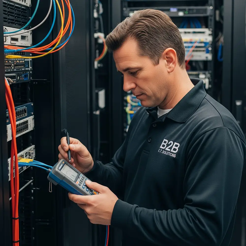 A B2B IT Solutions professional carefully performs network testing on a server.